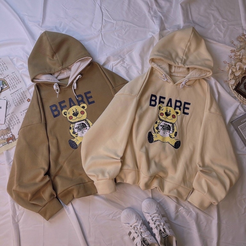 Áo khoác chui đầu hoodie nỉ ngoại có nón tay phồng in gấu unisex ulzzang nam nữ