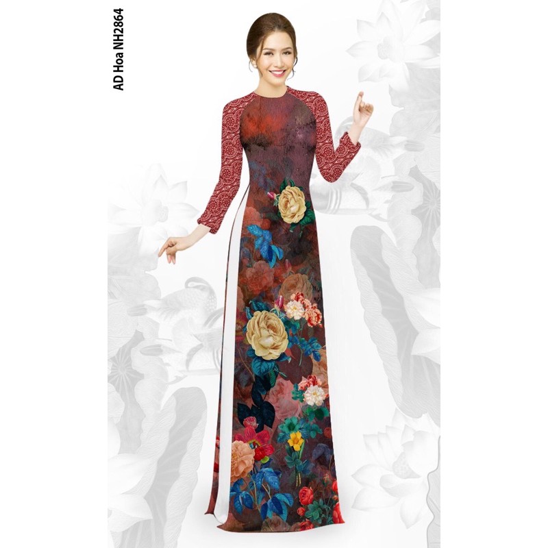 Áo Dài In 3D - Áo Dài goạch loang hoa Hồng Sang Trọng
