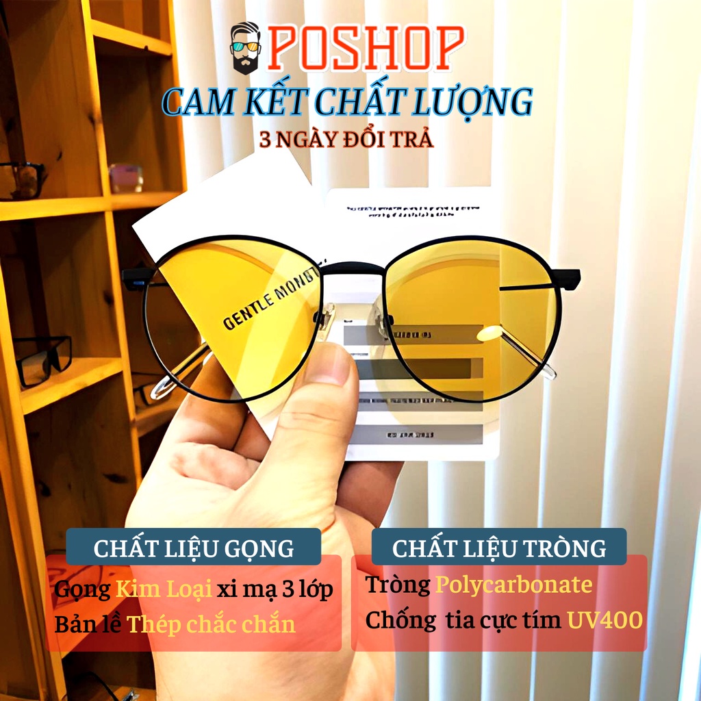Mắt kính mát nam nữ POSHOP chống UV400 thiết kế mắt tròn oval gọng kim loại dễ đeo màu vàng thời trang đi đêm Baguette