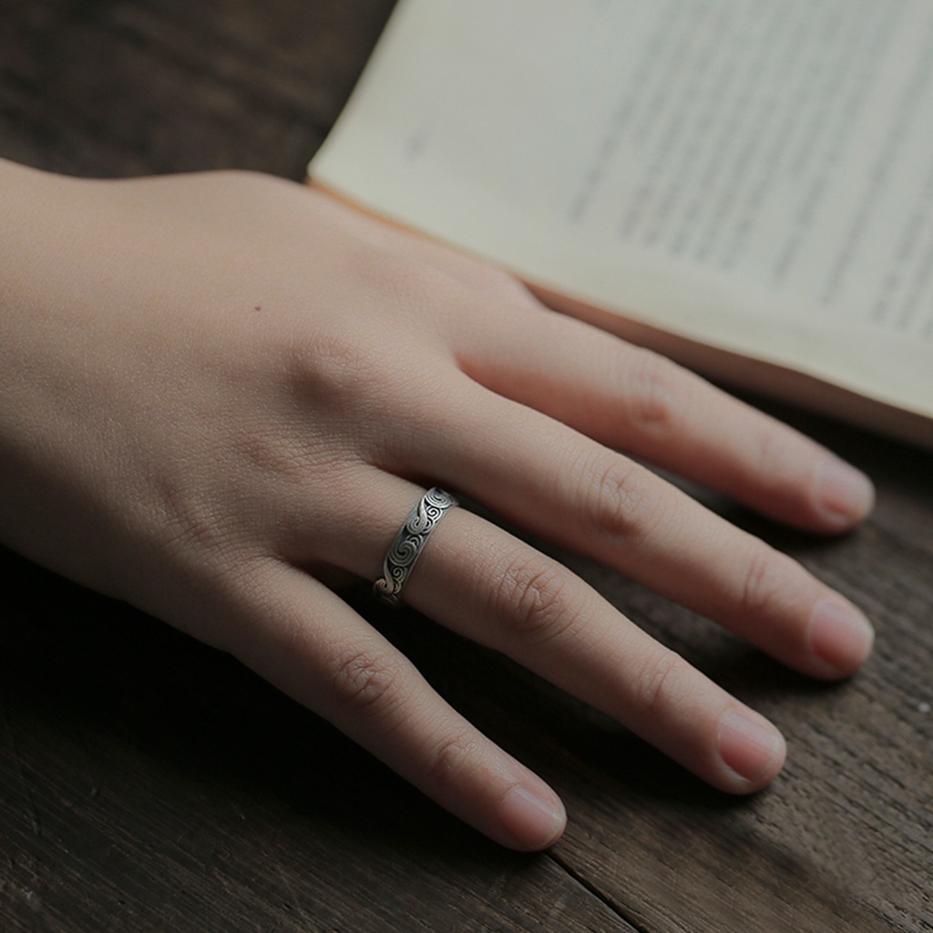 Nhẫn Nam Làm bằng tay Mạ bạc Sóng Mây Thiểu số Làm cũ Inox Mây Cổ điển Mây Cá Tính Điêu khắc NH-042