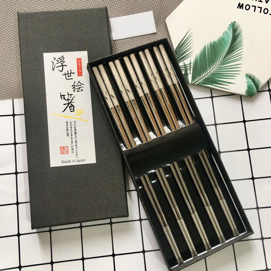 Set 5 Đũa Inox Cao Cấp Mẫu Hoa Văn Sang Trọng Nội Địa Nhật Bản - KJ HOME