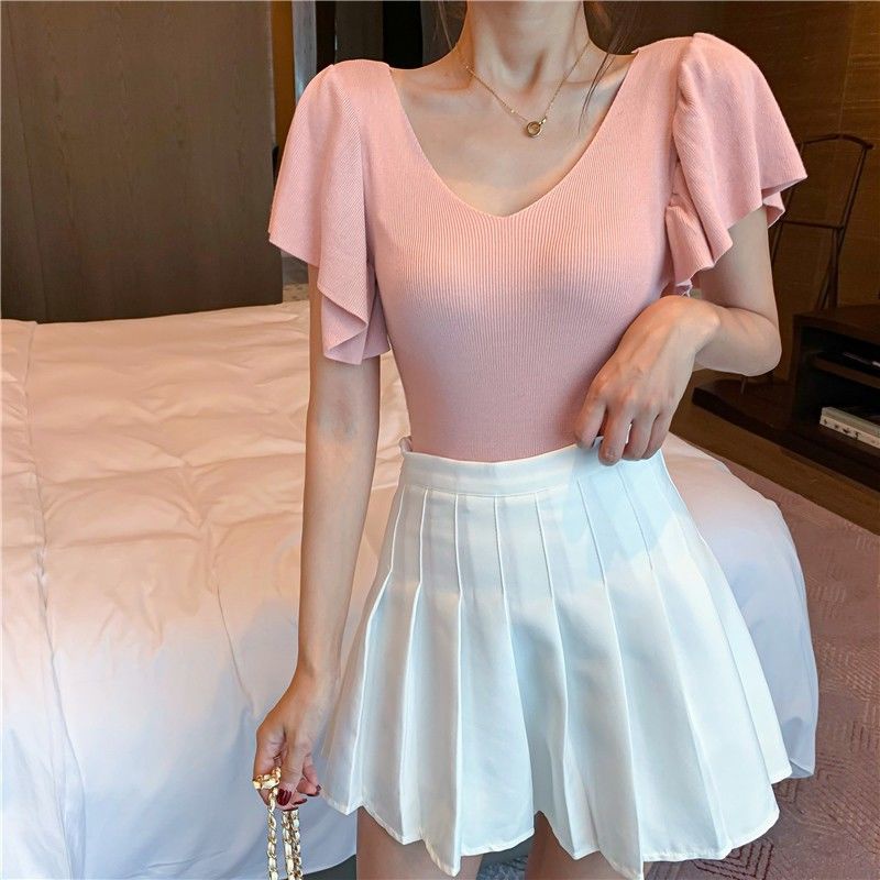 Jiashucheng Áo Thun Dệt Kim Tay Ngắn Phồng Cổ Chữ V Màu Trơn Phong Cách Phương Tây