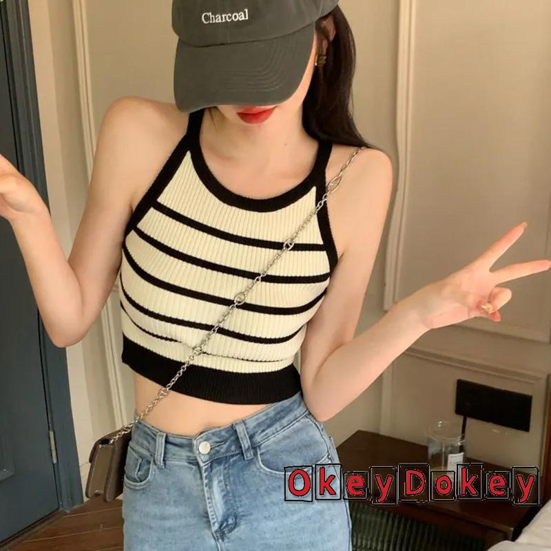 Áo Lửng Không Tay Cổ Tròn Họa Tiết Kẻ Sọc Vintage Cho Nữ