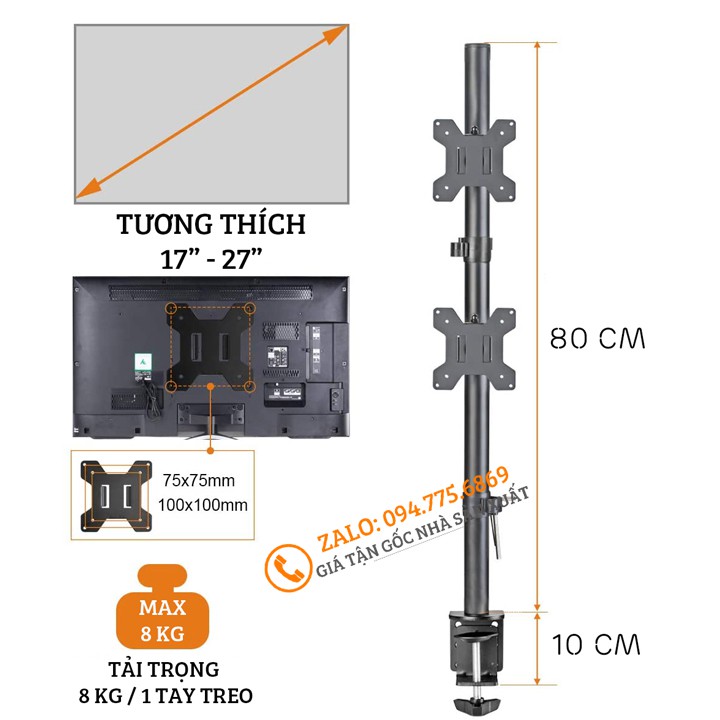 [Màn Trên / Dưới] Giá Treo Hai Màn Hình Máy Tính 17 - 27 Inch Kẹp Bàn - Tay Đỡ 2 Màn Hình Xoay 360 Độ - Model: M063