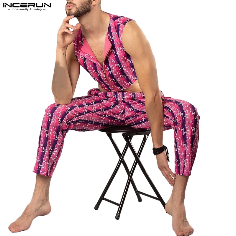 Set áo sát nách và quần dài INCERUN in họa tiết dành cho nam