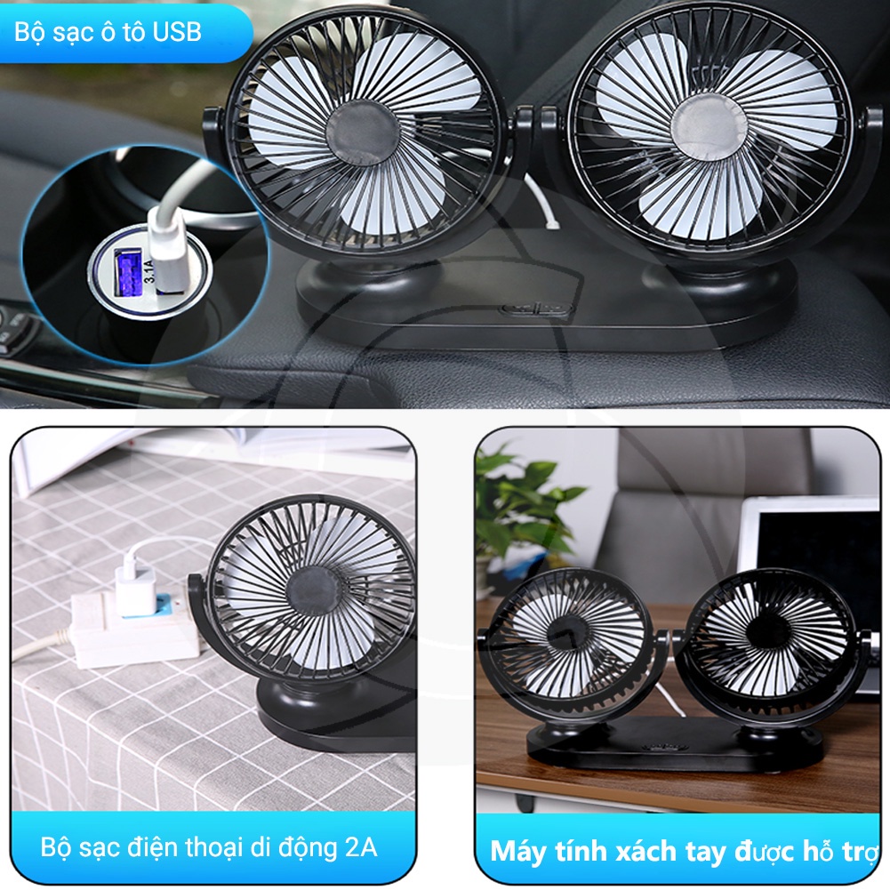 Quạt Đôi Mini Đa Năng Dùng Nguồn USB Xoay 360 Độ Công Suất Lớn Cho Ô Tô Xe Hơi Văn Phòng Gia Đình