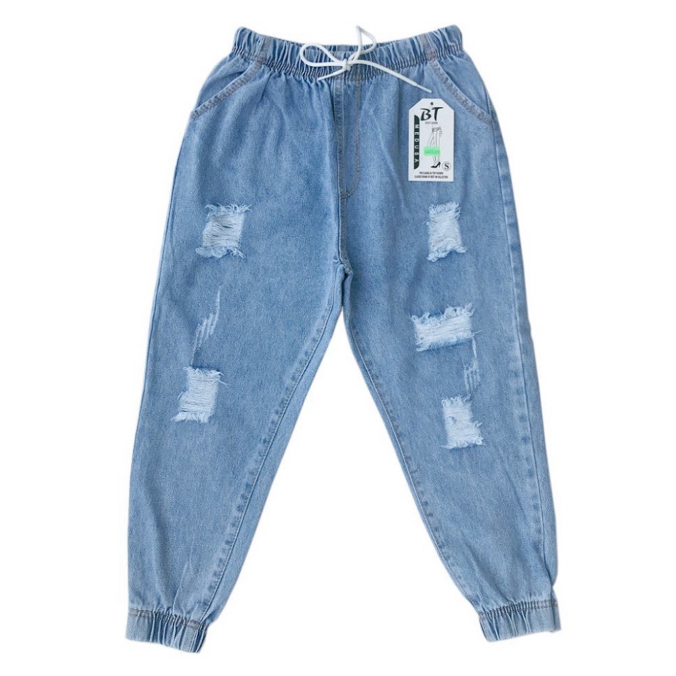 Quần dài jean bigsize baggy Unisex QJ003 Xanh nhạt trơn - rách lưng thun phong cách hip hop QJ003