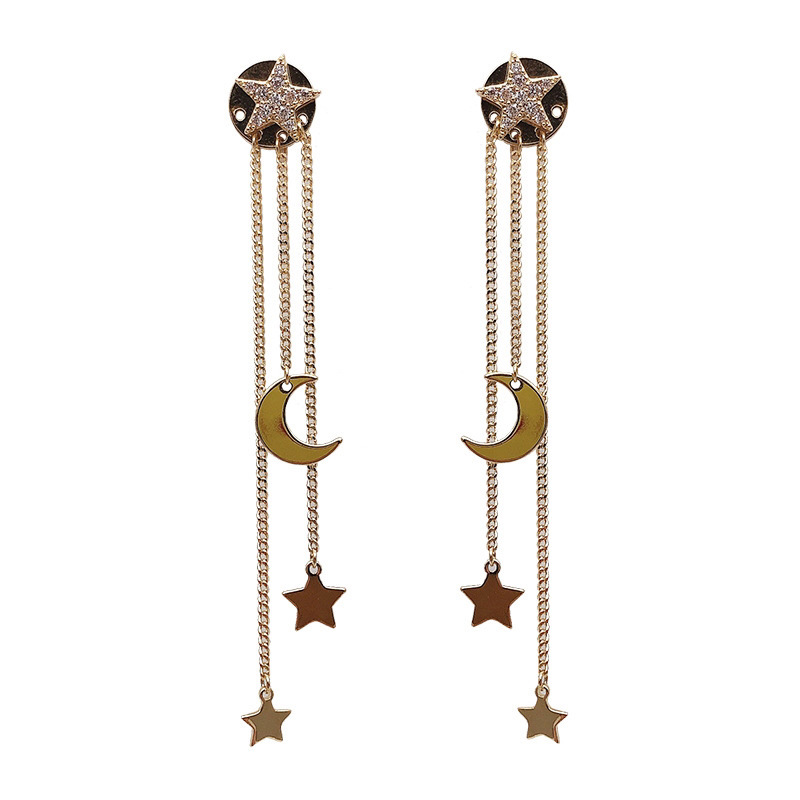 925 Silver Korean Moon Star Tassel Earrings Elegant Lady Women Fashion Jewelry Accessories Gift