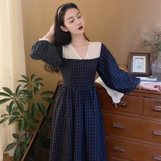 Váy kẻ xòe dáng dài cổ V kiểu Pháp mùa thu Vintage (ORDER) Kèm ảnh thật