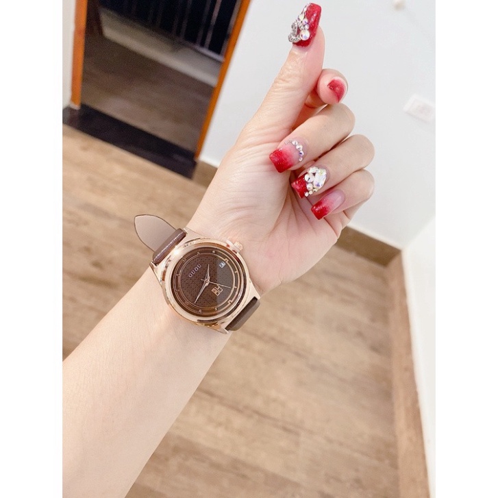 Đồng hồ nữ , đồng hồ guou quai da màu nâu tây lạ độc , sáng tay , thời thượng