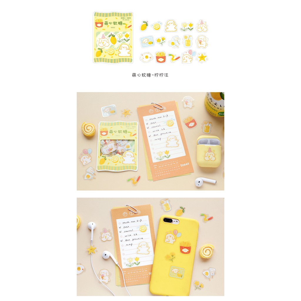 Hộp 45 nhãn dán trang trí nhật ký bằng PVC không thấm nước với họa tiết hoạt hình đáng yêu