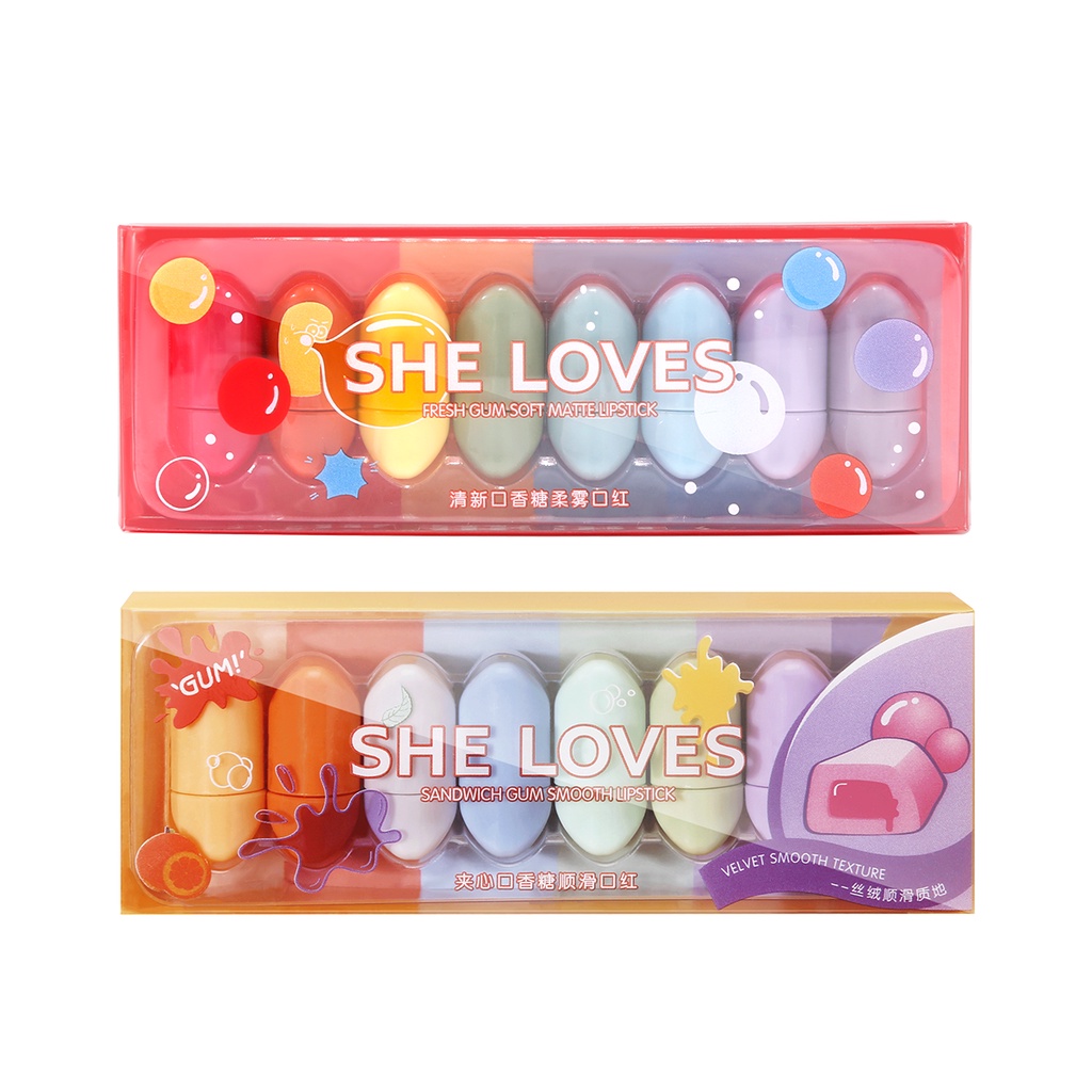 Set 8 Son Môi Mini Lâu Trôi Không Thấm Nước Thiết Kế Hình Viên Kẹo Dễ Thương