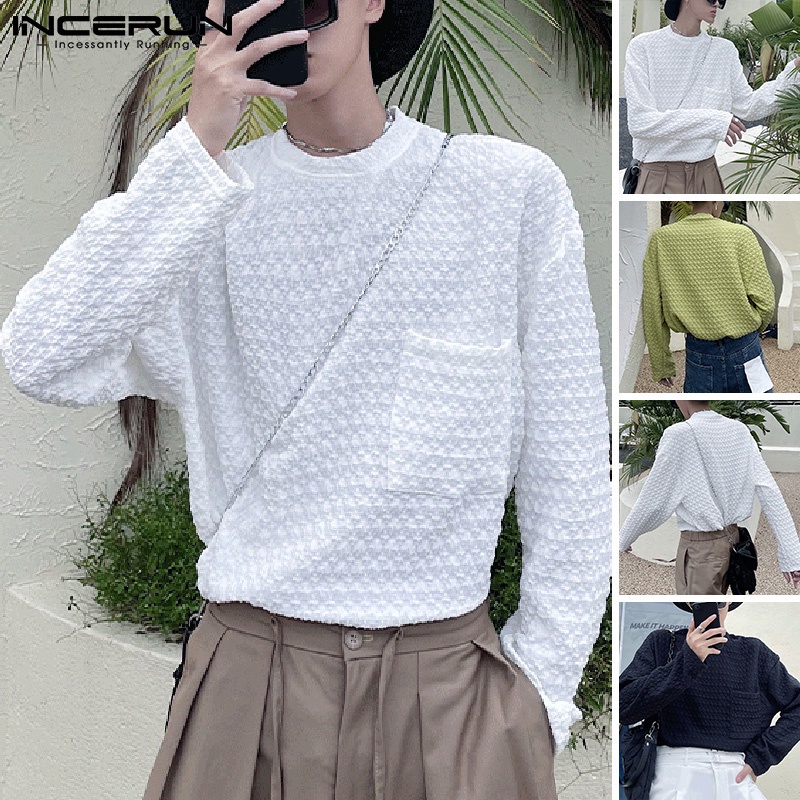 Áo thun INCERUN dành cho nam tay dài dáng rộng cổ tròn thời trang