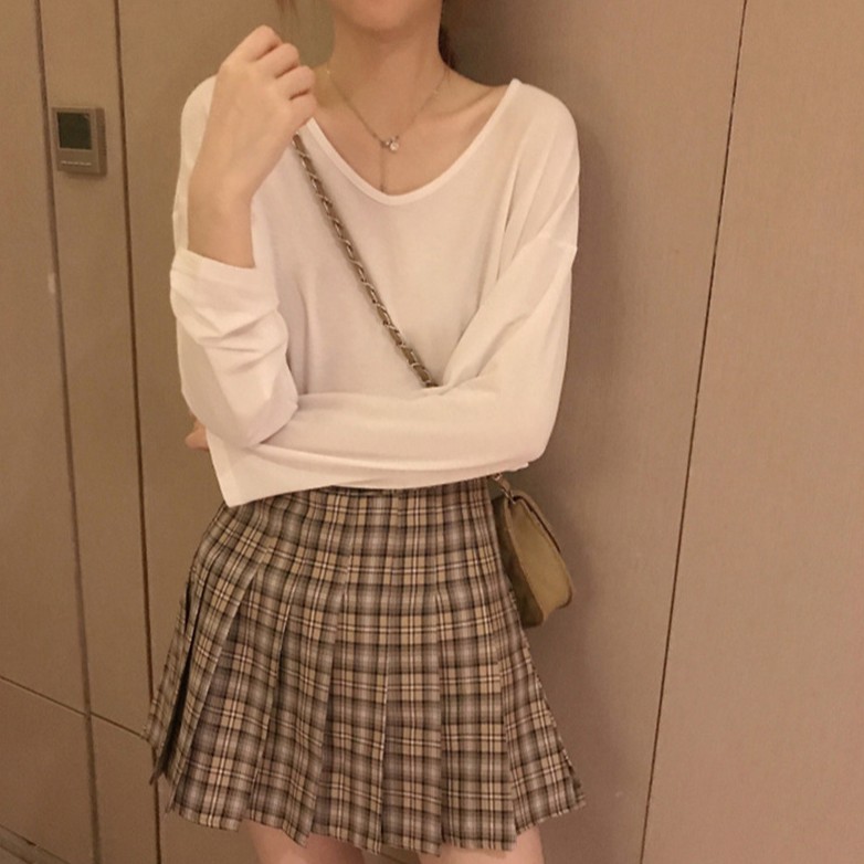 WANG JIAO ZHAN Áo Thun Tay Dài Cổ Chữ V Dáng Rộng Màu Trơn Thời Trang Mới