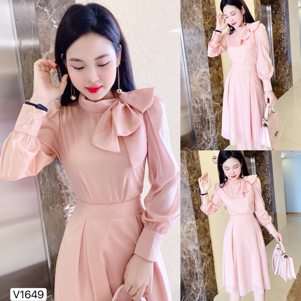 Váy liền xòe nơ cổ V1649 - ĐẸP SHOP DVC ( Ảnh mẫu và ảnh trải sàn do shop tự chụp )