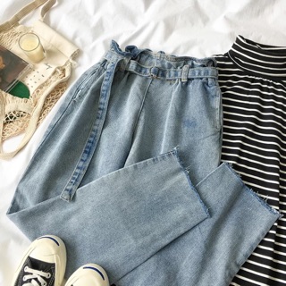 Quần baggy nữ ống suông có dây lưng ảnh thật