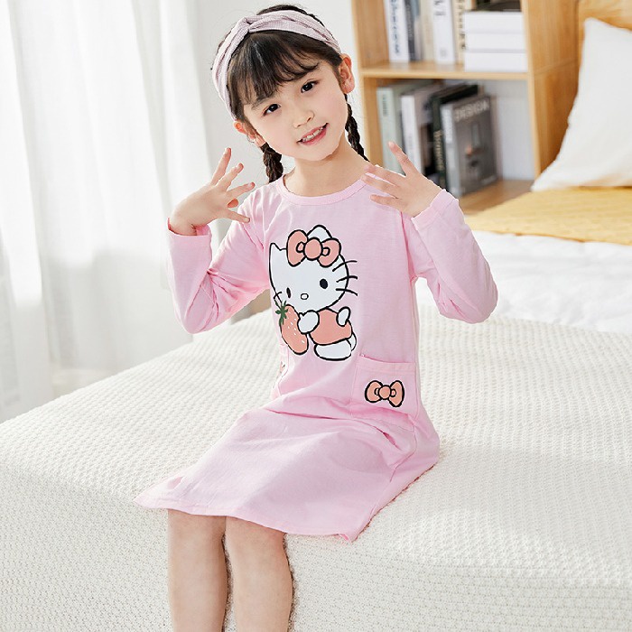 Đầm Ngủ Cotton Tay Dài Dễ Thương Cho Bé Gái