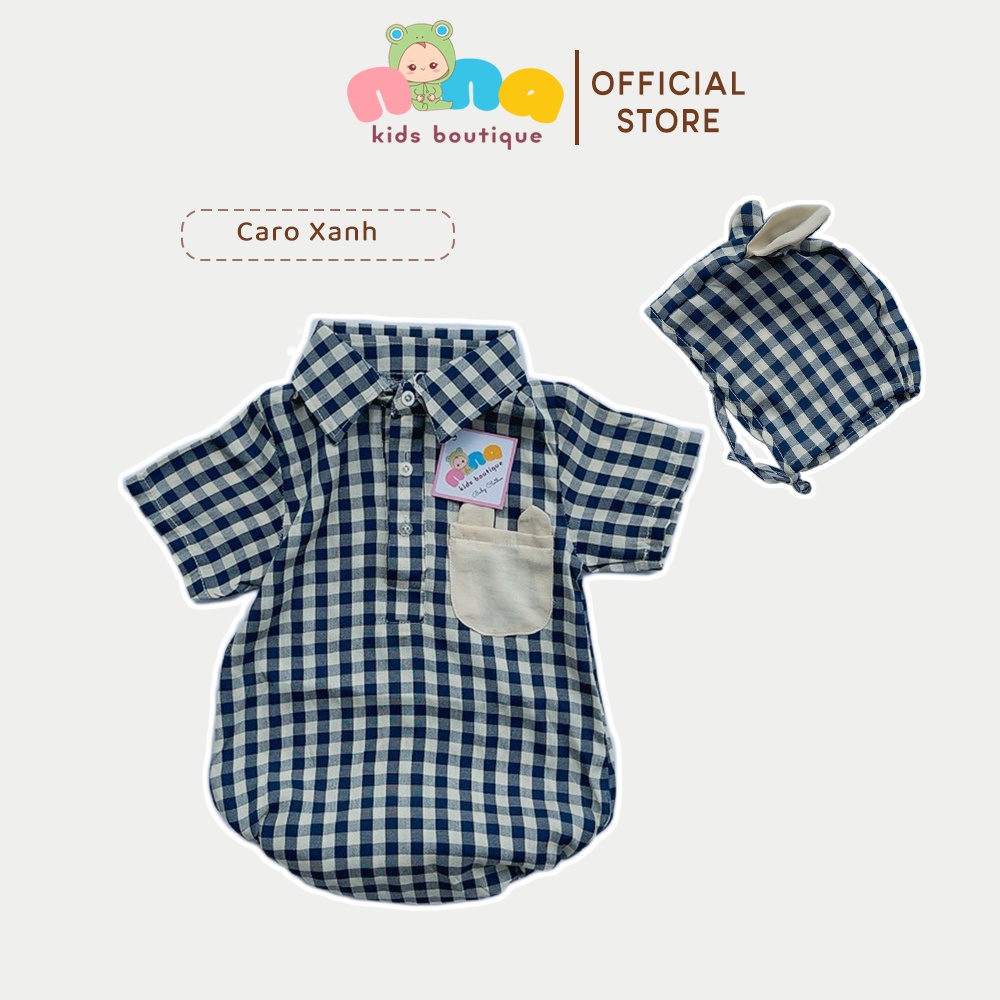 Bộ body cho bé trai, gái cộc tay Kèm nón Chất đũi Hoạ tiết caro Size 0m đến 18m Nina Kids Boutique Chuyên Body cho bé