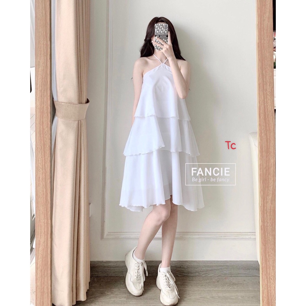 V029 Váy yếm buộc cổ trắng 3 tầng hở vai  Đầm nữ xòe lụa hè thu tiểu thư nữ tính công chúa