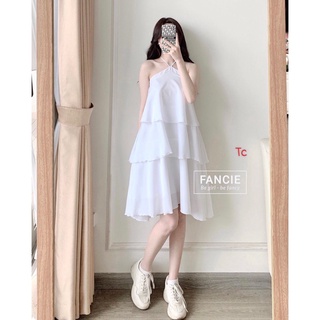 V029 Váy yếm buộc cổ trắng 3 tầng hở vai  Đầm nữ xòe lụa thu hè tiểu thư nữ tính công chúa