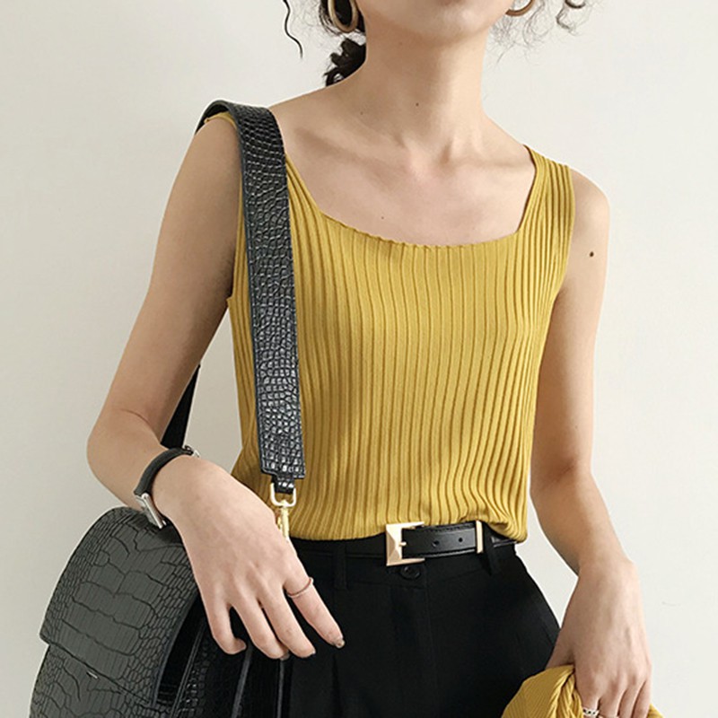 Women's Square Collar Sleeveless Knitted Crop Tank Top | BigBuy360 - bigbuy360.vn