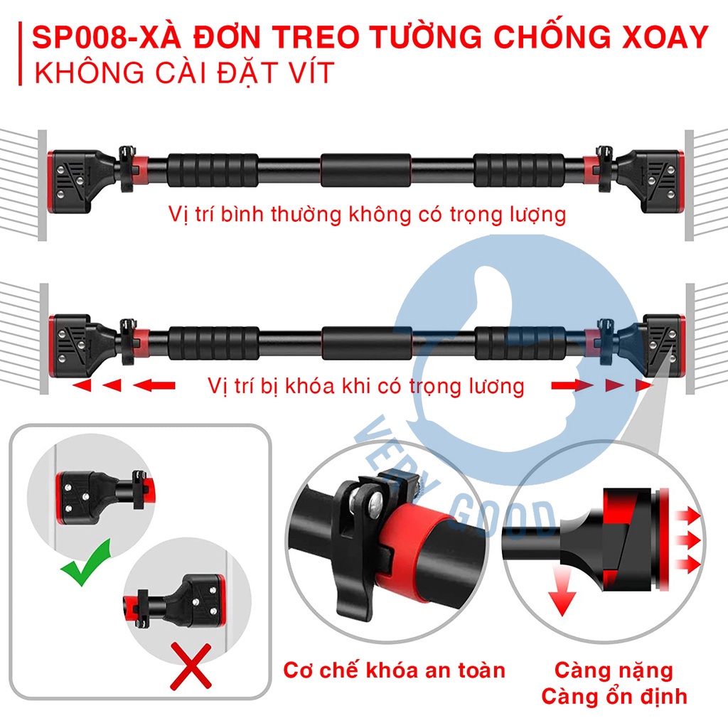 Xà đơn gắn cửa tiện lợi, Xà đơn treo tường đa năng tùy chỉnh kích cỡ 60-130cm XD68