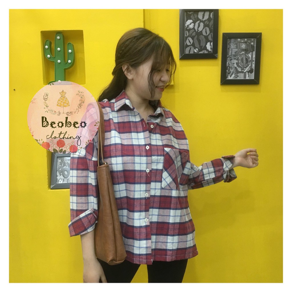Áo sơ mi oversize sọc caro hồng có túi ulzzang