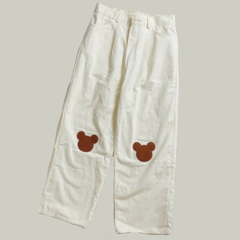 Quần ống suông Kaki thêu Gấu form unisex (Ảnh thật)