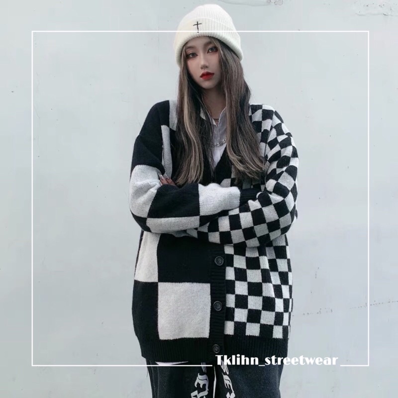 TKLIHN Áo khoác len Cảdigan UNISEX kẻ CARO đen trắng HOT TREND 2021