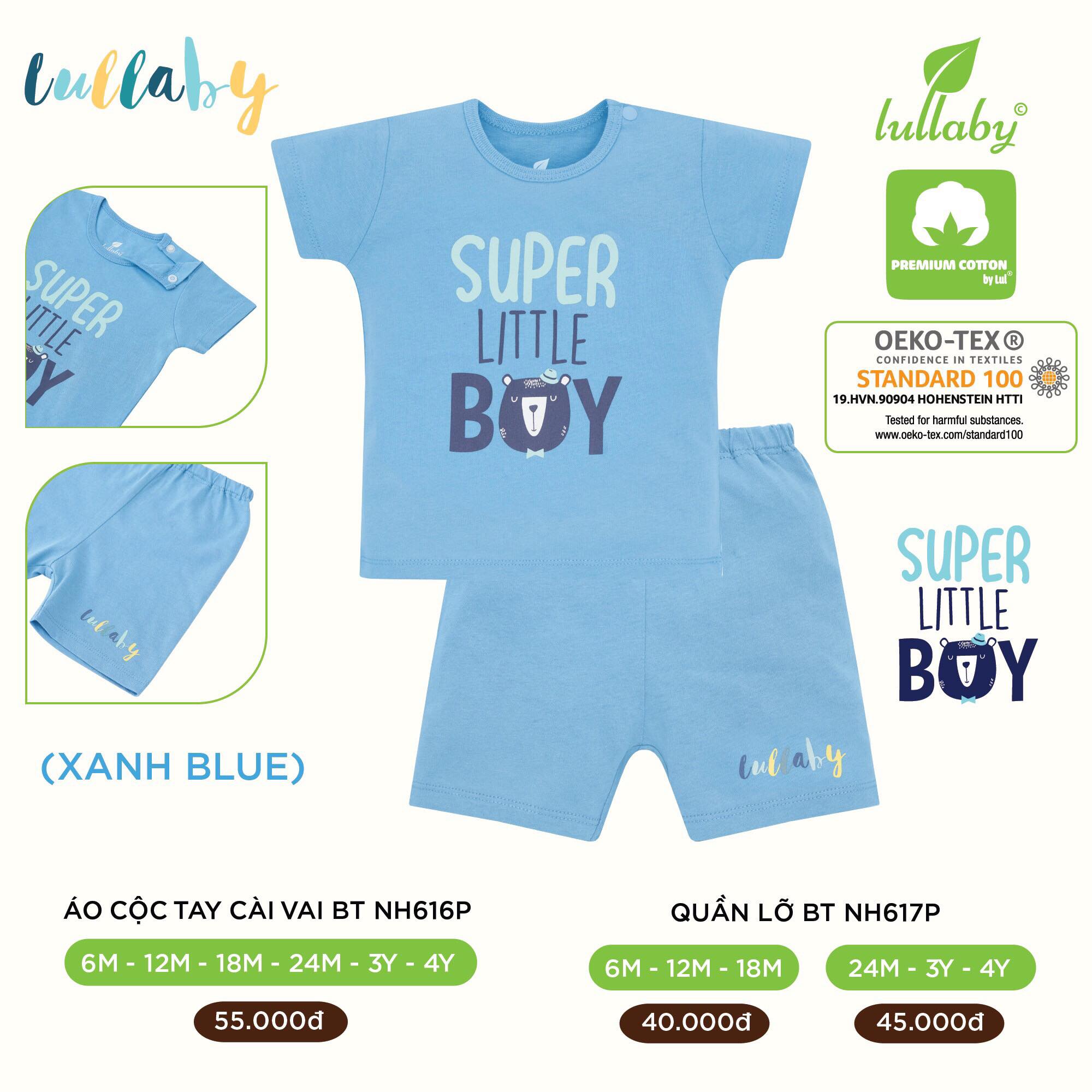 [CHÍNH HÃNG]Bộ cộc tay cài vai quần đùi họa tiết bé trai cotton cao cấp Lullaby chính hãng