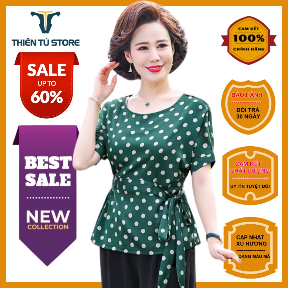 Áo trung niên cho mẹ sang trọng u40 u50 họa tiết chấm bi ngắn tay cổ tròn thanh lịch form dáng rộng thoải mái dễ mặc