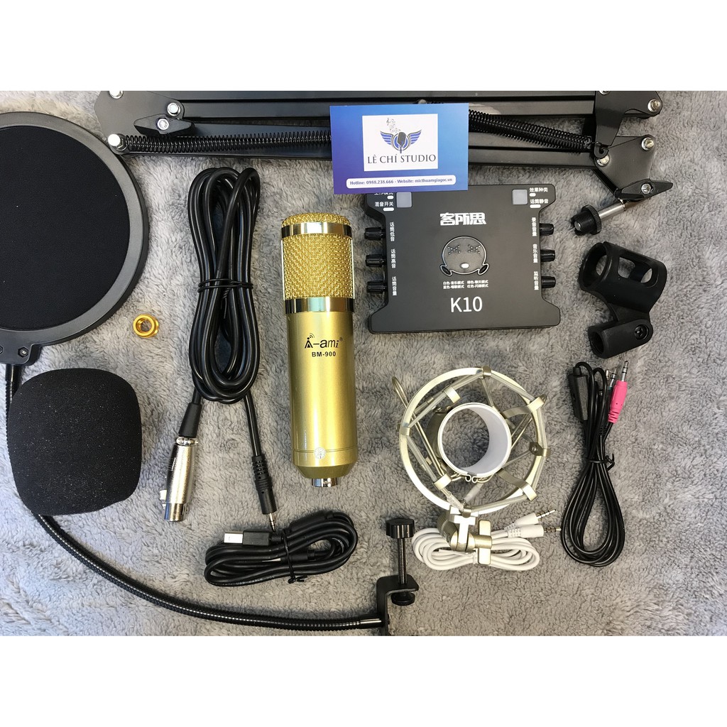 Bộ Combo Micro Thu Âm Ami BM900 + Sound Card XOX K10 + Phụ Kiện
