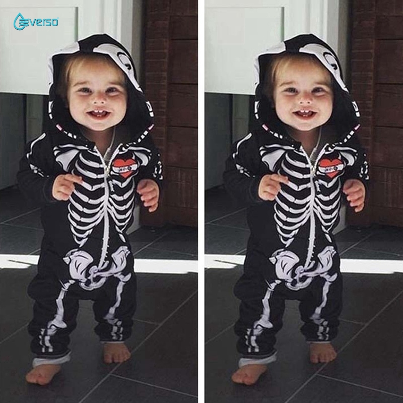 Đồ pijama mặc ngủ áo liền quần 70-100cm họa tiết xương cho bé mùa Halloween