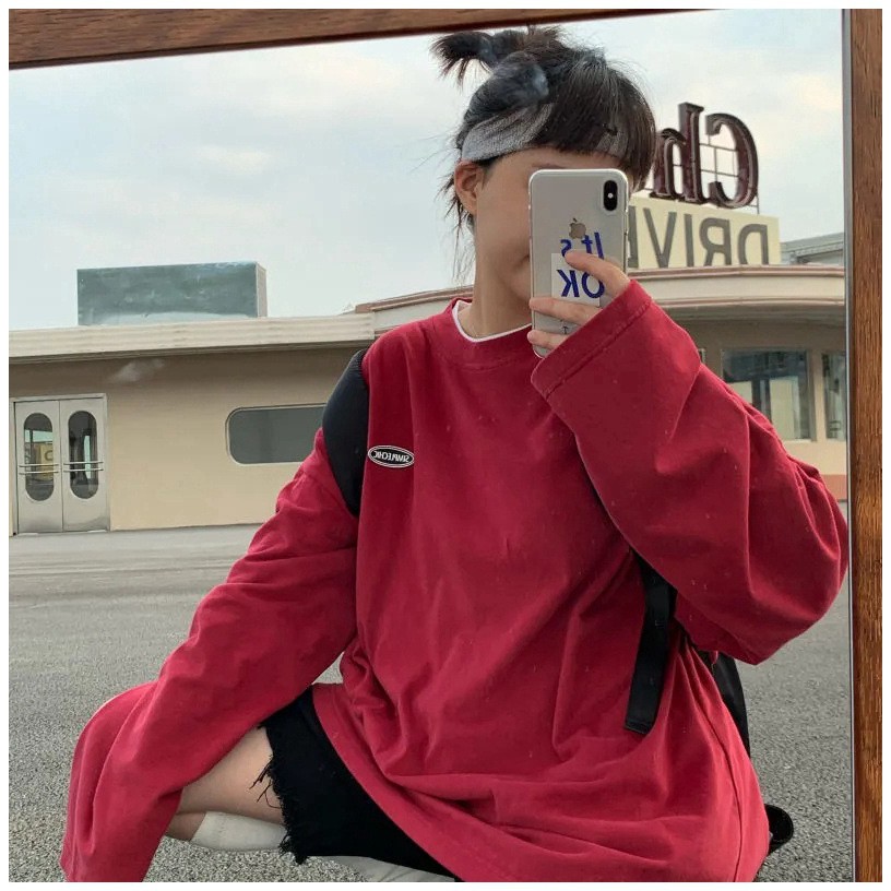 Áo thun tay dài dáng rộng màu trơn phong cách Hàn Quốc cho nữ | BigBuy360 - bigbuy360.vn