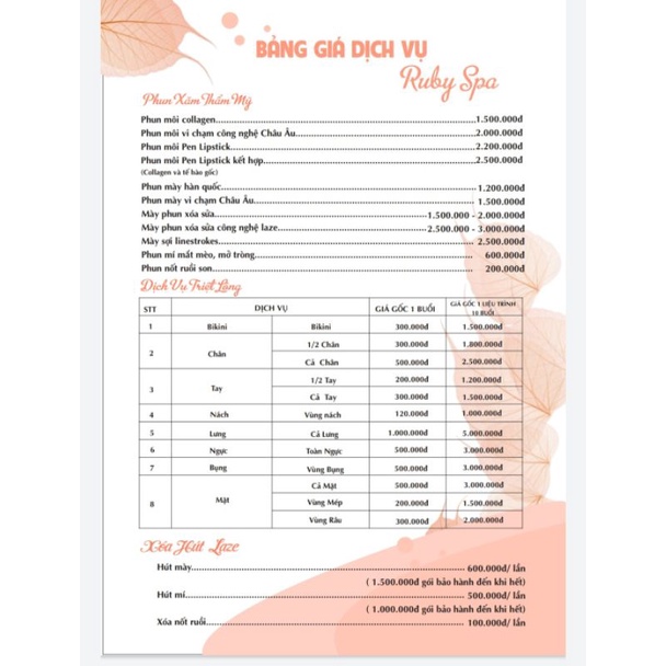 Bảng giá dịch vụ, Menu Spa, Salon, Nail, Ăn vặt, Quán Nhậu,...