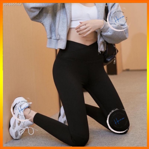 Quần Legging Nữ Gen Bụng Dáng Dài Cạp Chéo Trơn Chất Cotton Co Giãn Lưng Cao Hanva