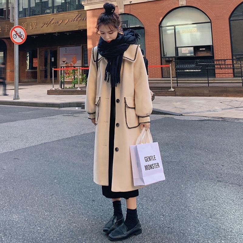 Áo khoác dạ dáng dài cổ polo thêu viền cổ tay và túi áo phiên bản mới phong cách Hàn Quốc | BigBuy360 - bigbuy360.vn