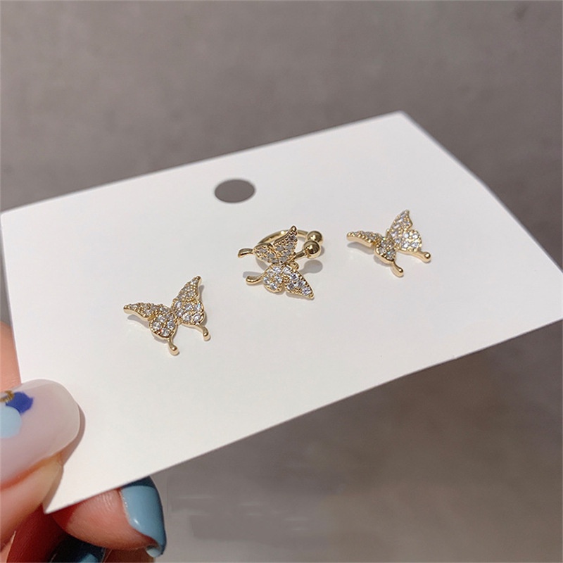 Bông Tai Mạ Bạc 925 Hình Bướm Đính Kim Cương Giả (Kẹp Tai) Đơn Giản Không Cần Lỗ Tai A504