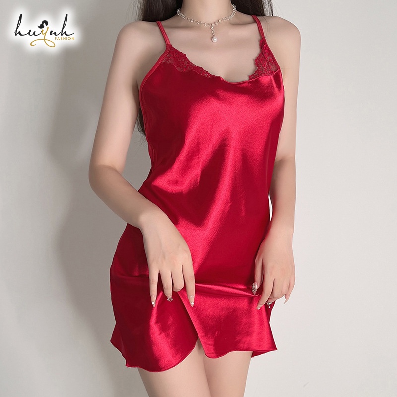 Đầm Ngủ Lụa Satin Hở Lưng Váy Ngủ Hai Dây Phối Ren Cổ V - N87