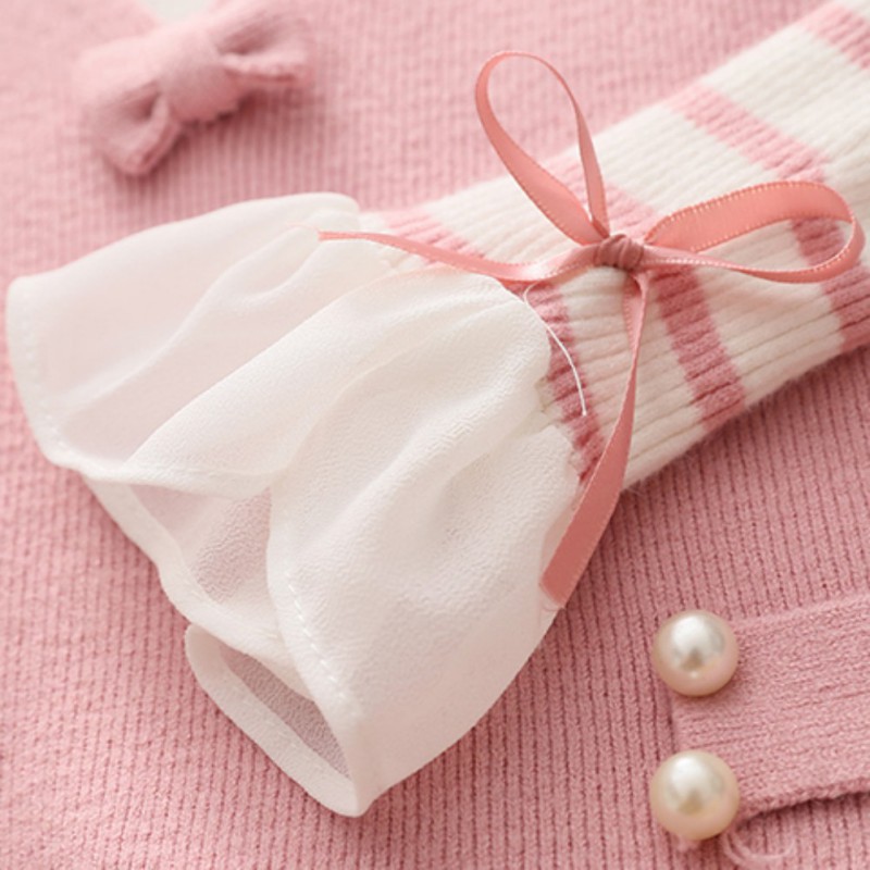 Babyme Autumn Baby Girls Stripe Print Long Flare Sleeve Fake 2 Piece Dress Kids Princess Dresses