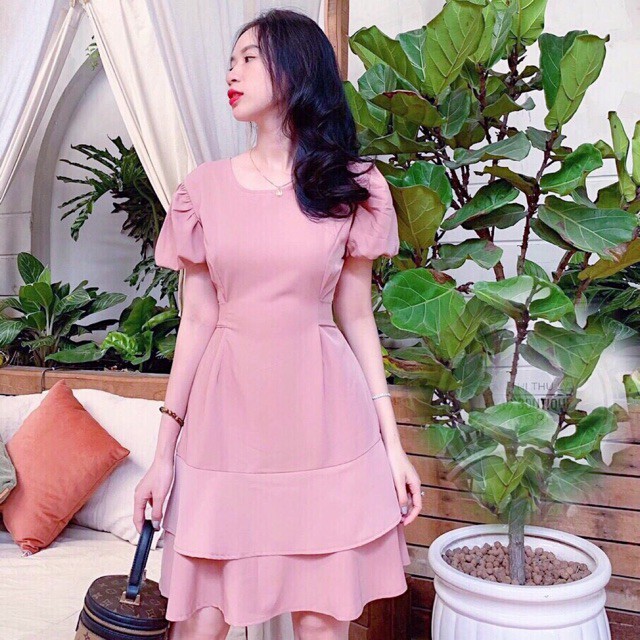 Đầm váy freesize hồng tầng thắt eo