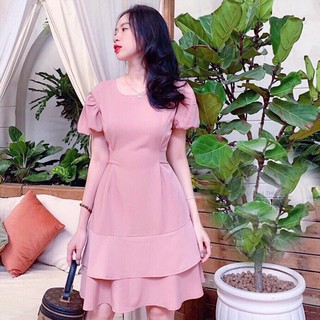 Đầm váy freesize hồng tầng thắt eo