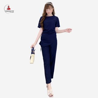 Đồ bộ dài Nhật Vy tay lở nhún 1 bên eo chất lụa màu xanh ngọc, x.đen  - D2106