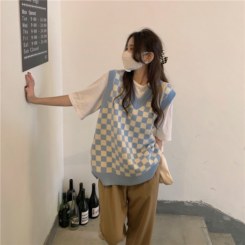 Áo gile len nữ kẻ caro cổ V dáng rộng phong cách ulzzang Hàn Quốc G3 | BigBuy360 - bigbuy360.vn