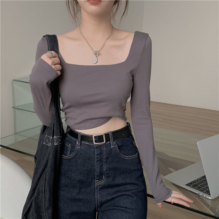 Cocory vn Áo Croptop Dài Tay Cổ Vuông Màu Trơn Dễ Phối Đồ Cho Nữ