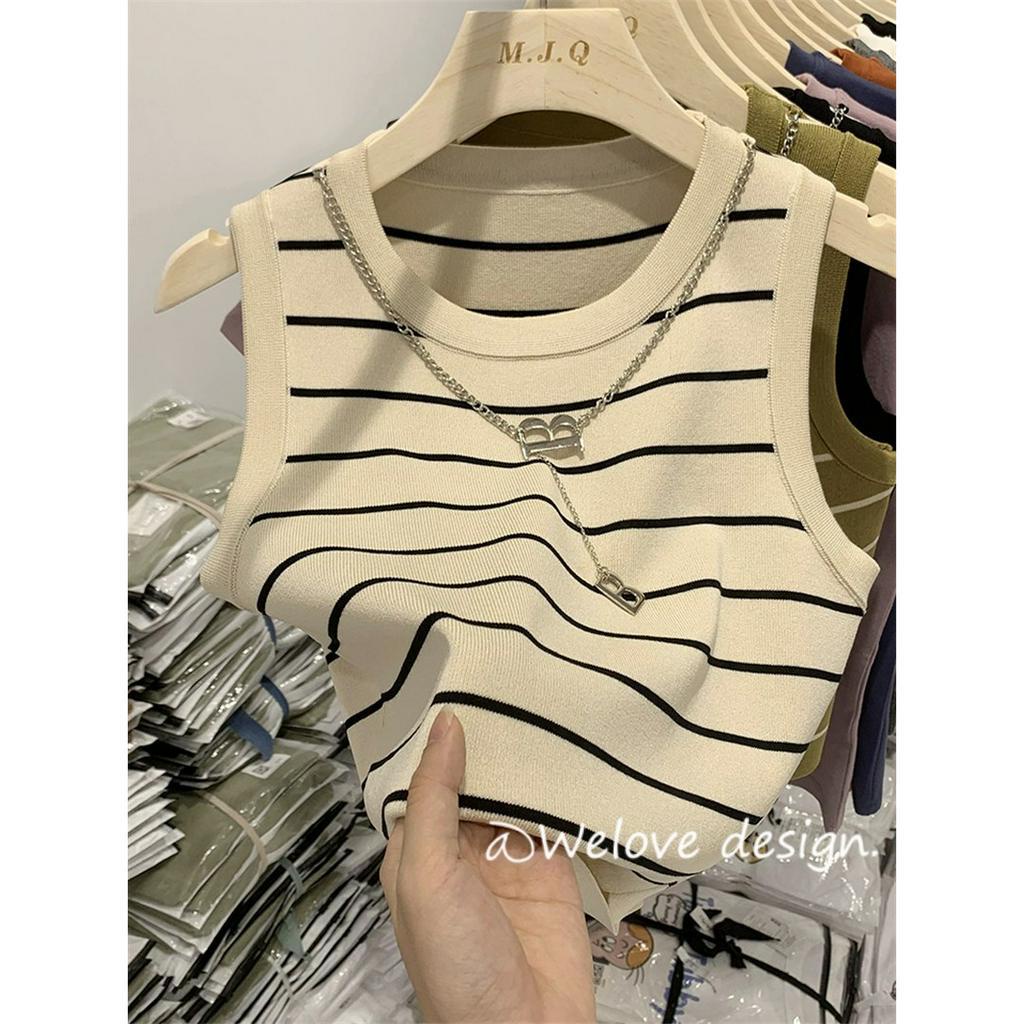 「 WELOVE1 」Áo Dệt Kim Hai Dây Dáng Ngắn Họa Tiết Kẻ Sọc Thời Trang Xuân Hè 2023 Mới