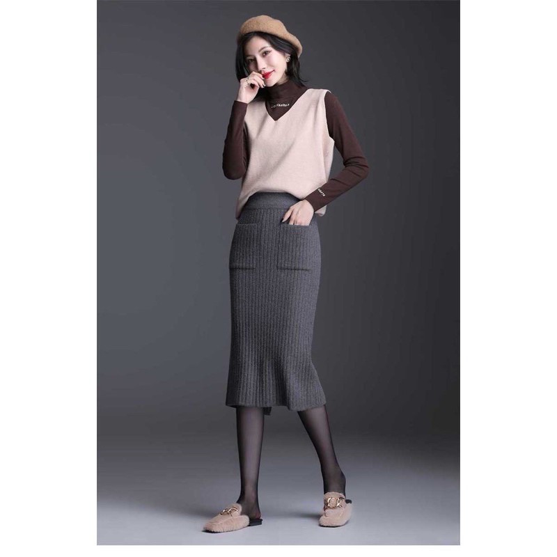 [Hàng Quảng Châu]SP042 Chân váy len midi xẻ tà túi vuông