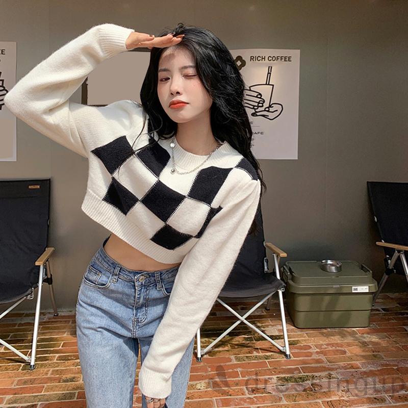 Áo Sweater Tay Dài Cổ Tròn Họa Tiết Khối Màu Sắc Cho Nữ