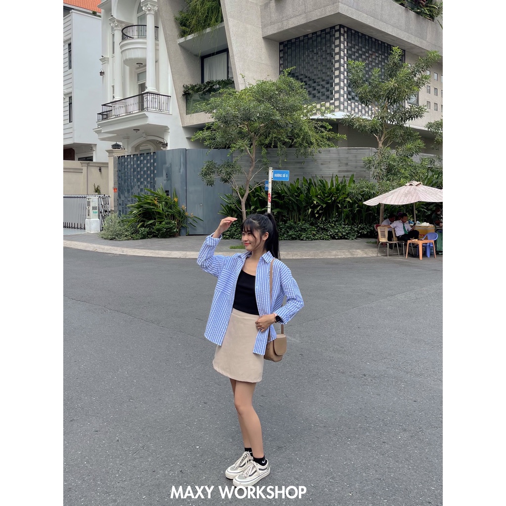 Áo sơ mi nữ tay dài sọc xanh trắng dáng rộng blue ocean shirt