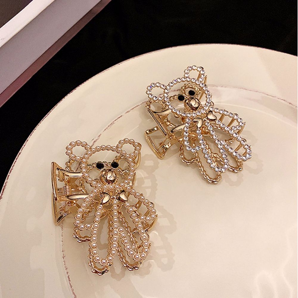 Kẹp Tóc Kim Loại Hình Gấu Đính Ngọc Trai Phong Cách Hàn Quốc Đơn Giản Dễ Phối Đồ Cho Nữ